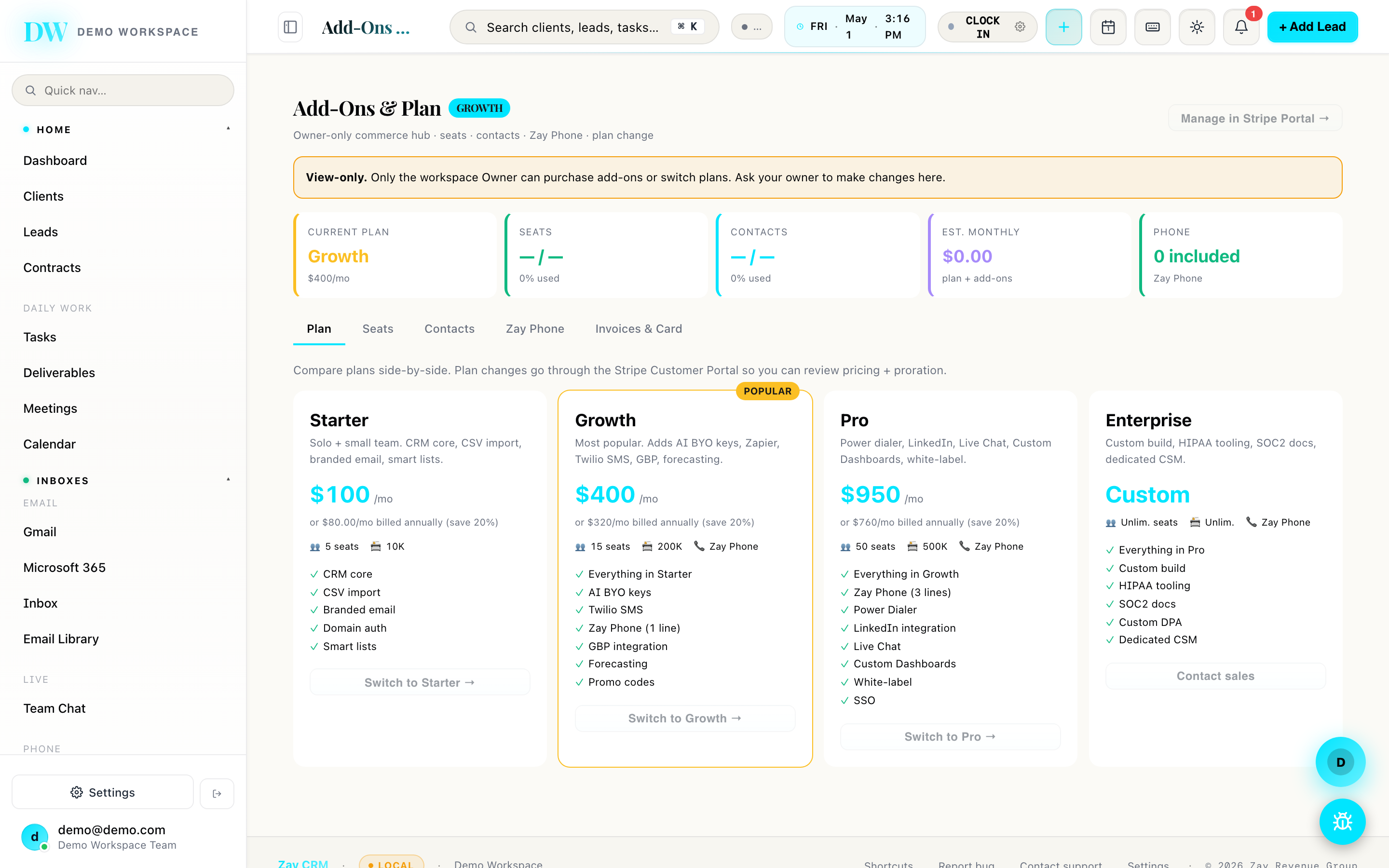 Zay CRM Add-Ons & Plan screenshot — Side-by-side plan compare.