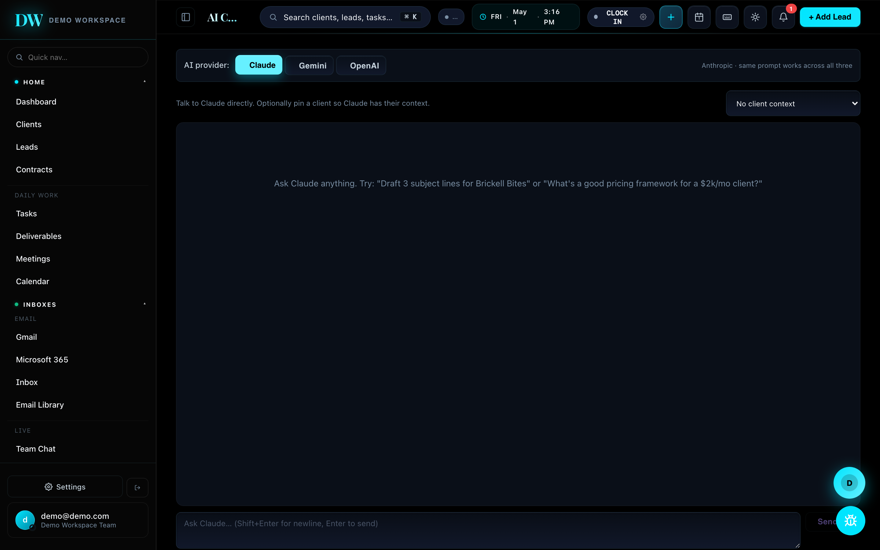 Zay CRM AI Chat (BYO Key) screenshot — Claude · Gemini · OpenAI side-by-side.