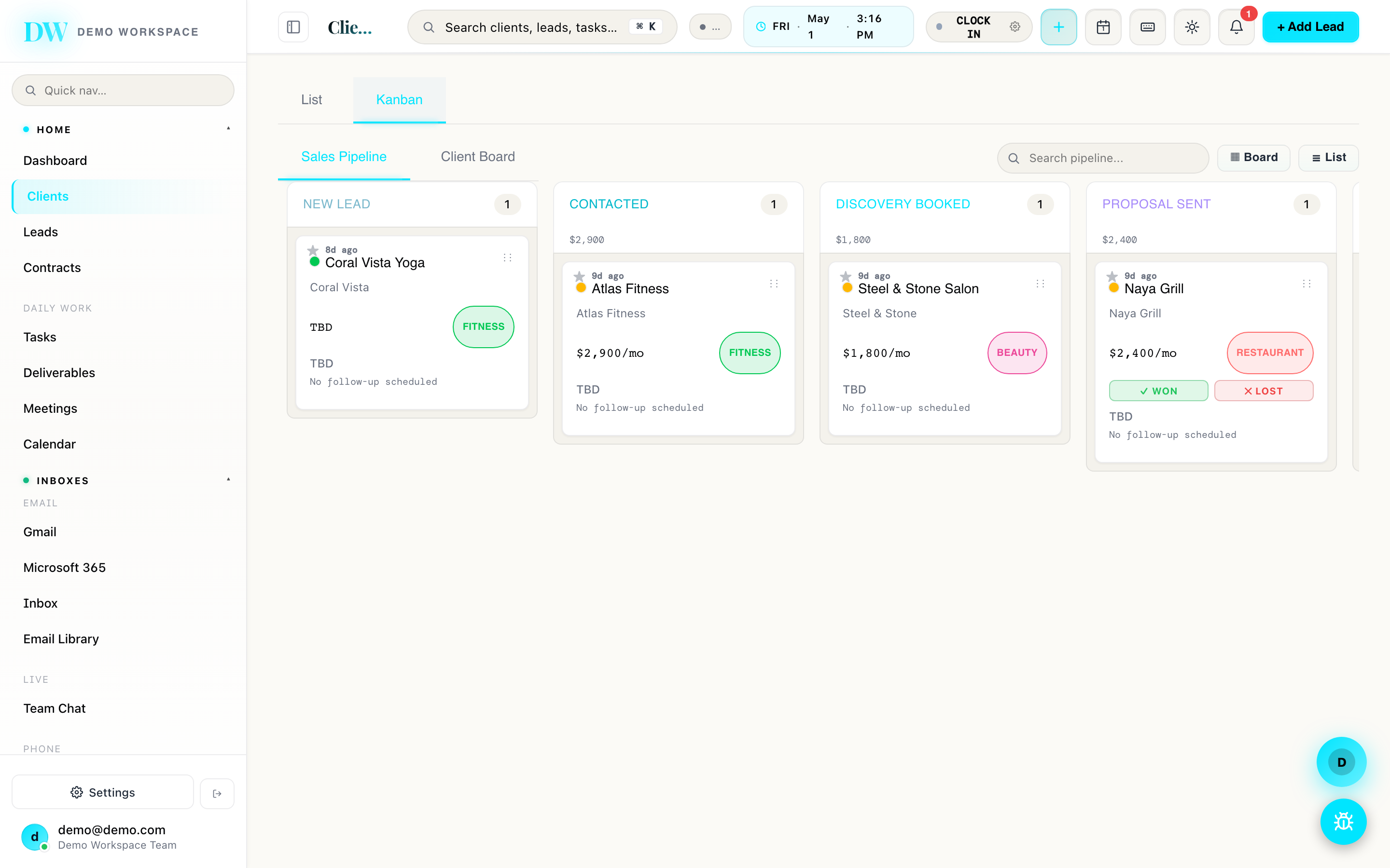 Zay CRM Pipeline (Light Mode) screenshot — Same Kanban in light theme.