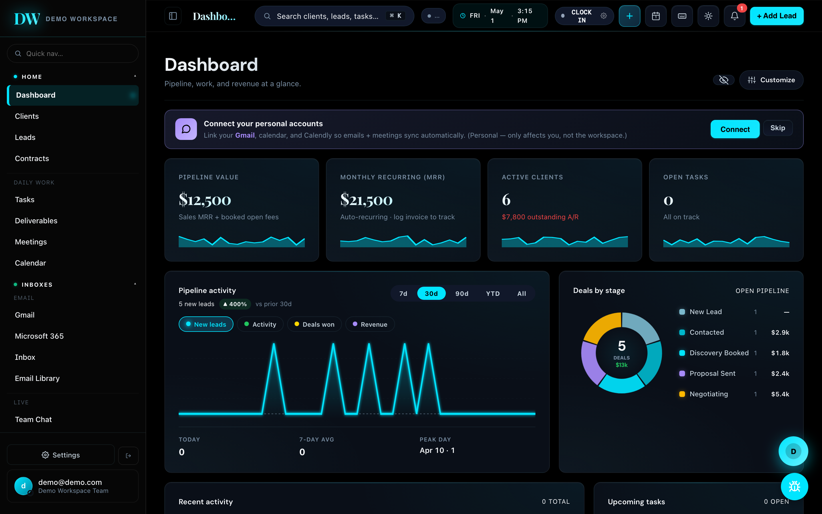 Zay CRM Dashboard (Dark) screenshot — Pipeline value · MRR · active clients · open tasks at a glance.