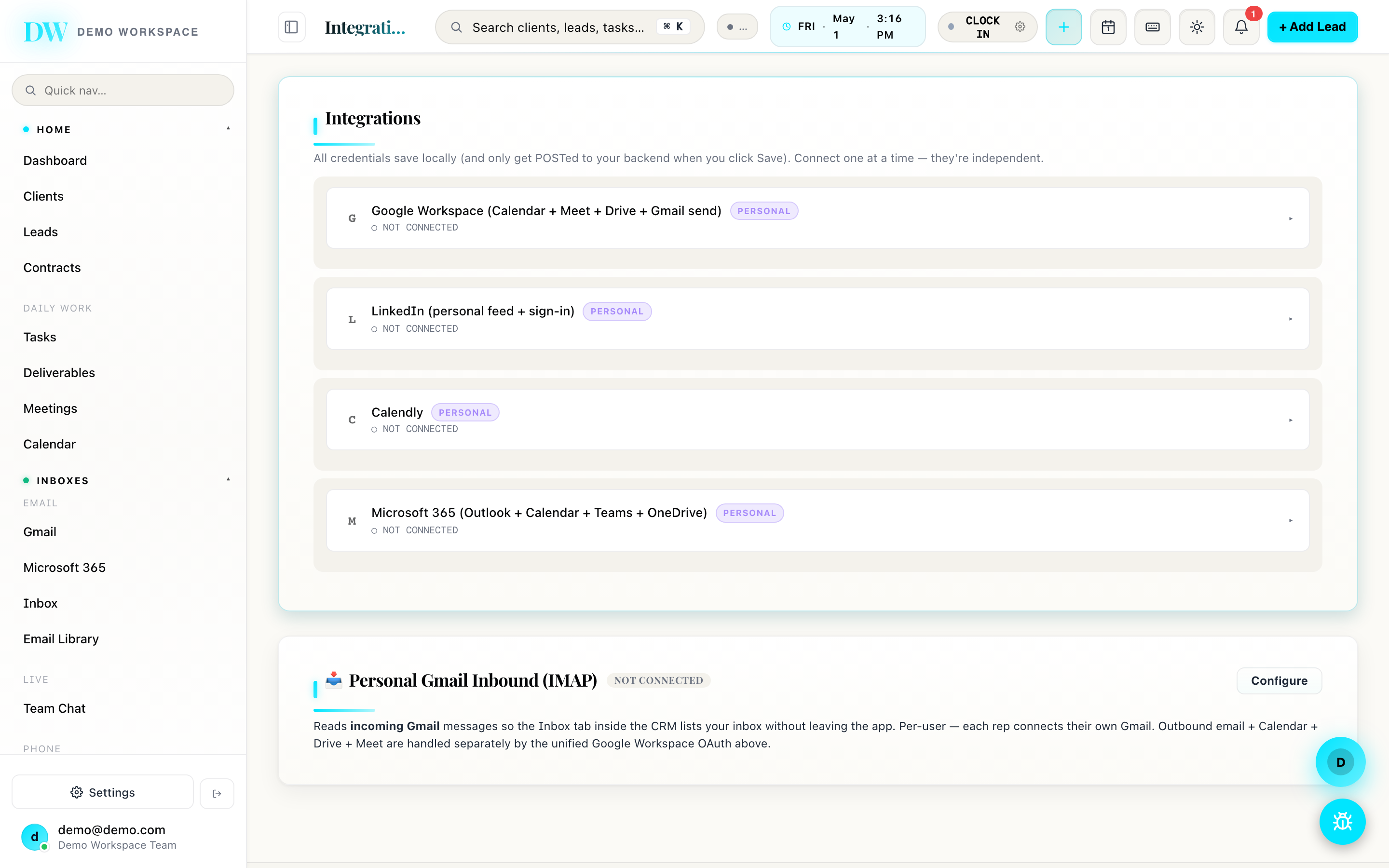 Zay CRM Integrations Hub screenshot — OAuth-connect Google Workspace · Microsoft 365 · Calendly · LinkedIn · Stripe · Square · Twilio · Dropbox · Plaid in two clicks each.