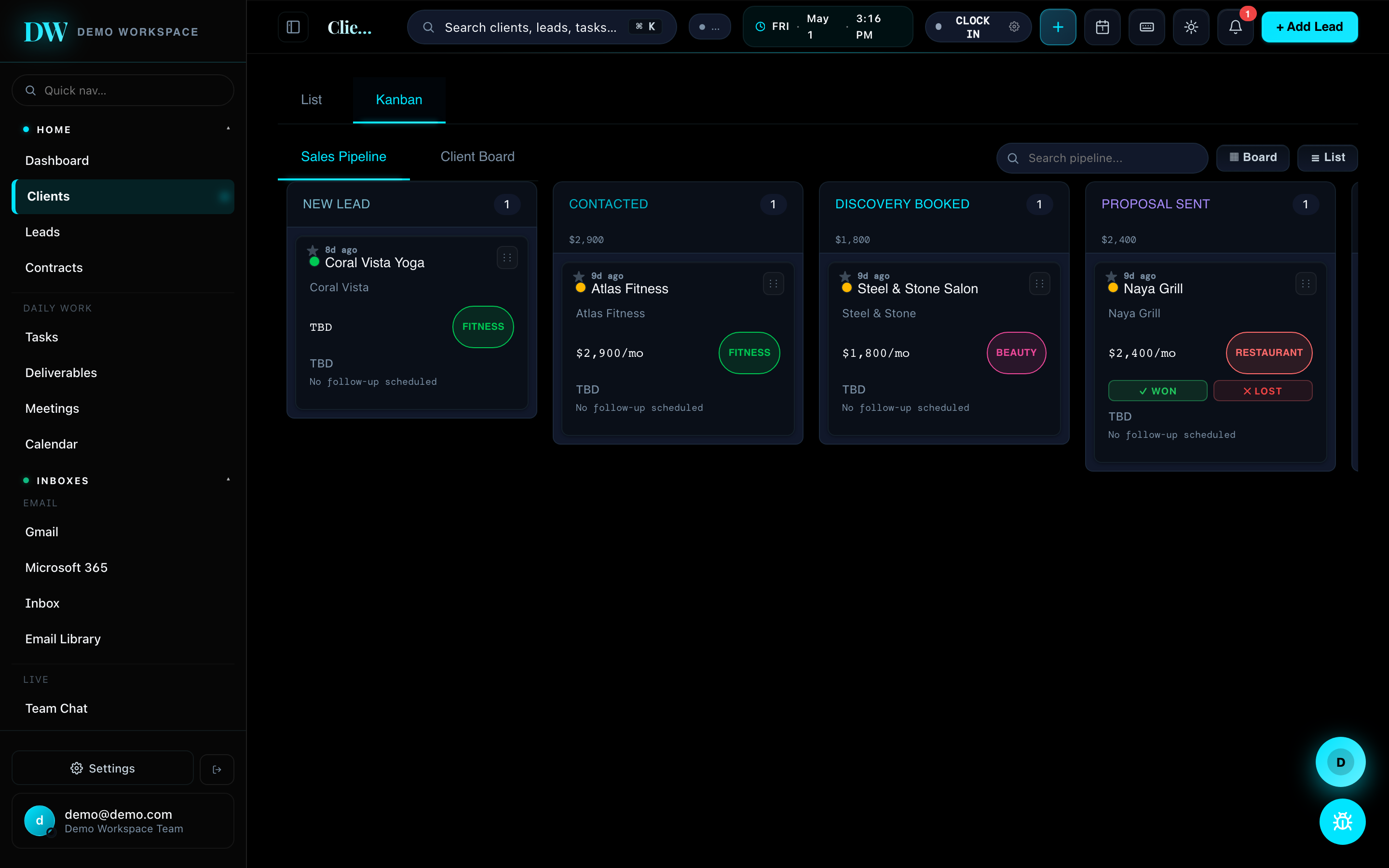 Zay CRM Deal Pipeline (Kanban) screenshot — Sales pipeline with vertical tags (FITNESS · BEAUTY · RESTAURANT), retainer values, health dots.