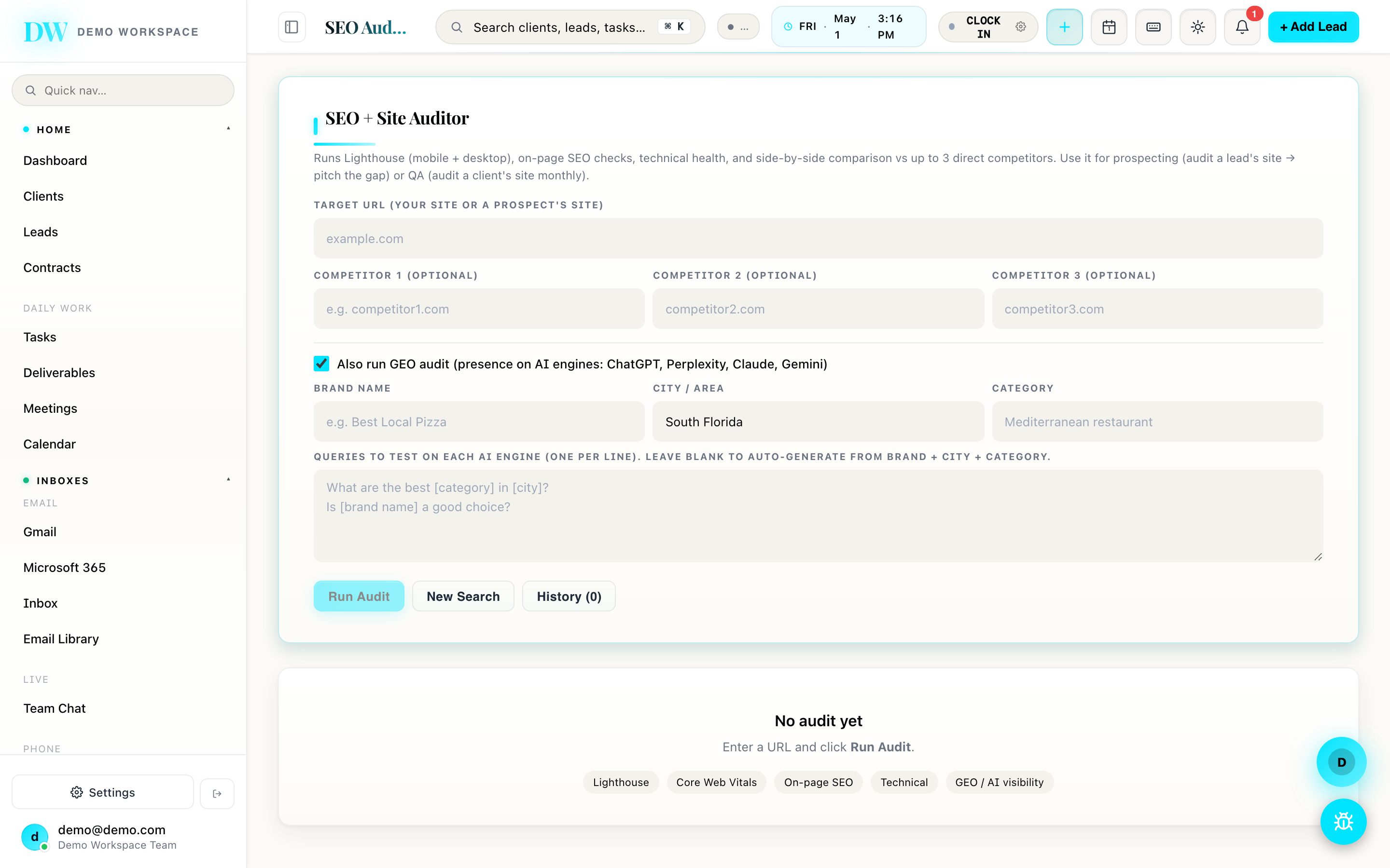 Zay CRM SEO + GEO Auditor screenshot — On-page checks · Lighthouse mobile + desktop · CWV · DNS · tracking pixels · AI-engine citability (ChatGPT / Perplexity / Claude / Gemini).
