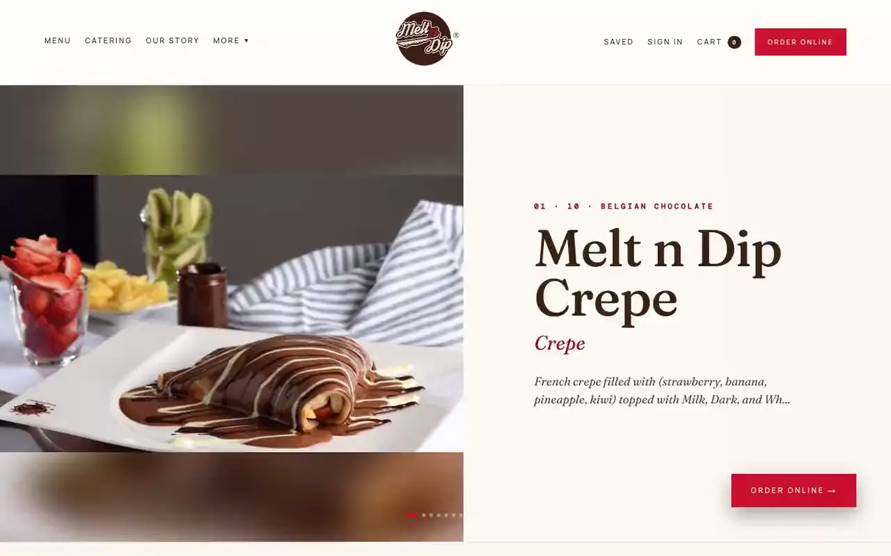 The Melt N Dip ordering site in a desktop browser, showing the restaurant's own menu navigation, a dessert photographed for the menu beside its price, and an Order Online button